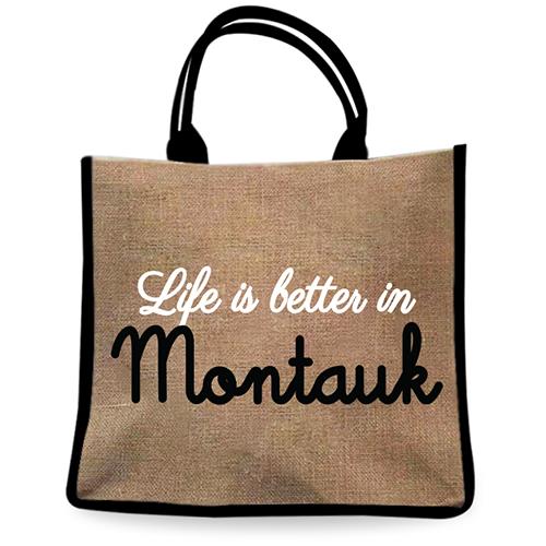 Montauk Beach Jute Burlap Tote Bags with Handles Reusable Tote for Shopping, Travel, Swim Perfect as Bridesmaid Gift, DIY Craft Bag, Gift Option