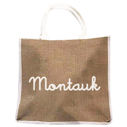 Montauk Beach Jute Burlap Tote Bags with Handles Reusable Tote for Shopping, Travel, Swim Perfect as Bridesmaid Gift, DIY Craft Bag, Gift Option
