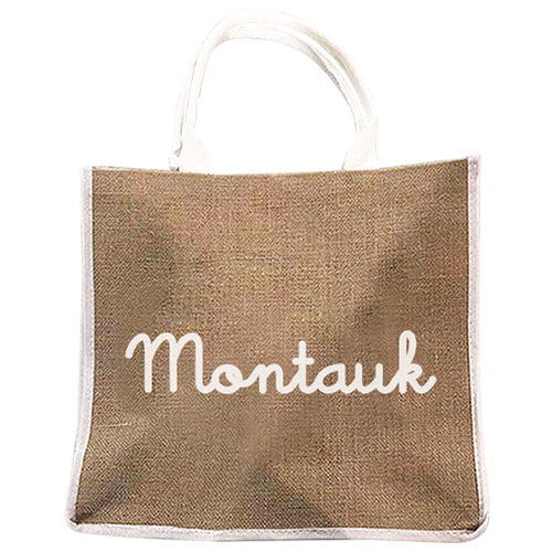 Montauk Beach Jute Burlap Tote Bags with Handles Reusable Tote for Shopping, Travel, Swim Perfect as Bridesmaid Gift, DIY Craft Bag, Gift Option